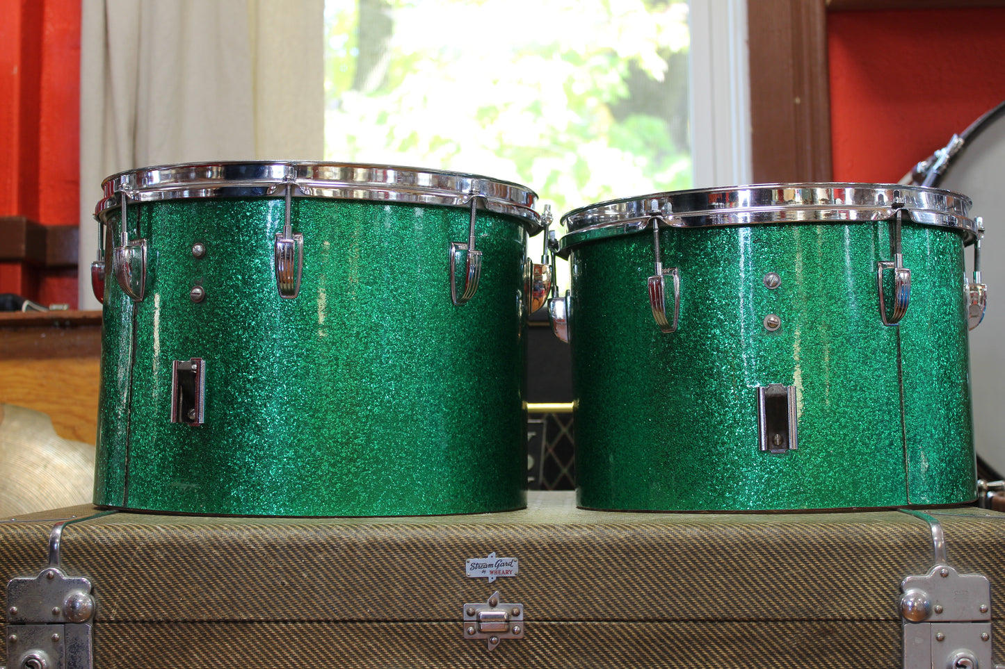 1970s Ludwig Concert Toms in Green Sparkle 9x13 10x14