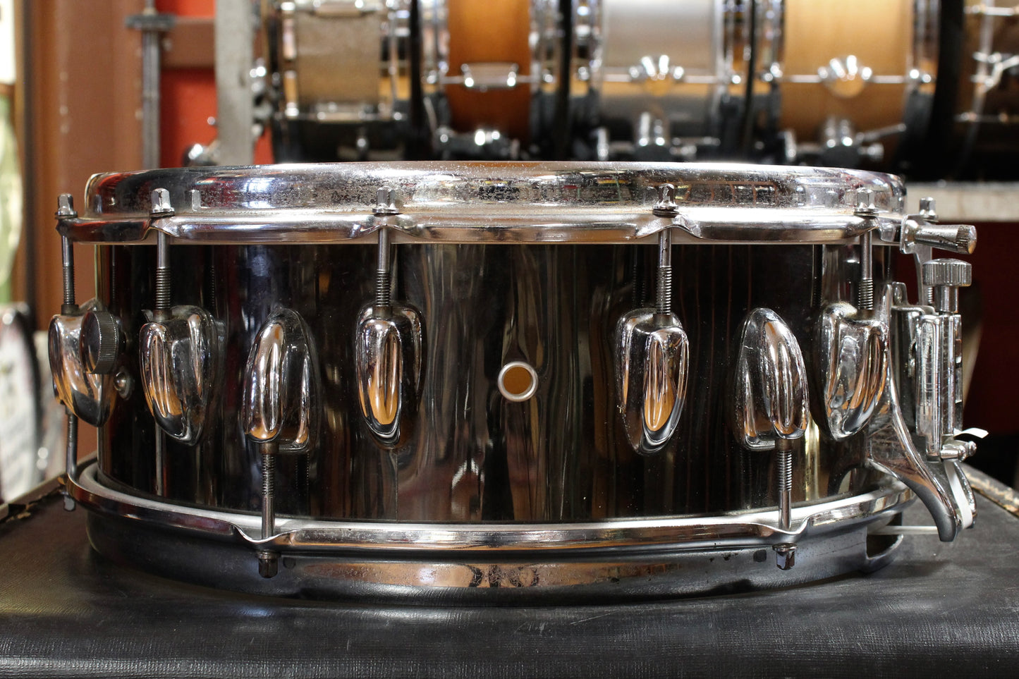 1970's Slingerland 5.5x14 2:1 Black Chrome Over Wood Snare Drum