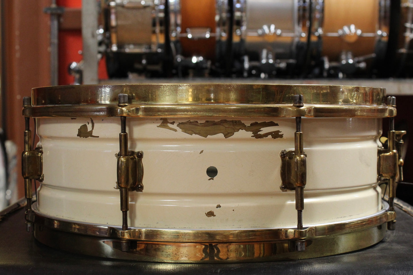 1925 Leedy 5x14 Brass Snare Drum in White Enamel and Gold Hardware