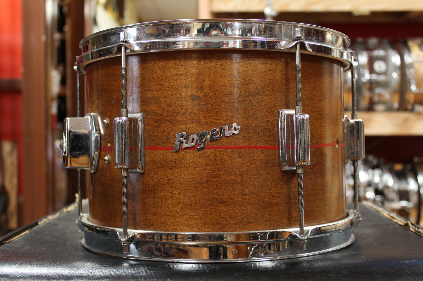 1960s Rogers 14x20 Tower Bass Drum & 8x12 Tom in Walnut Stain with Red Pinstripes