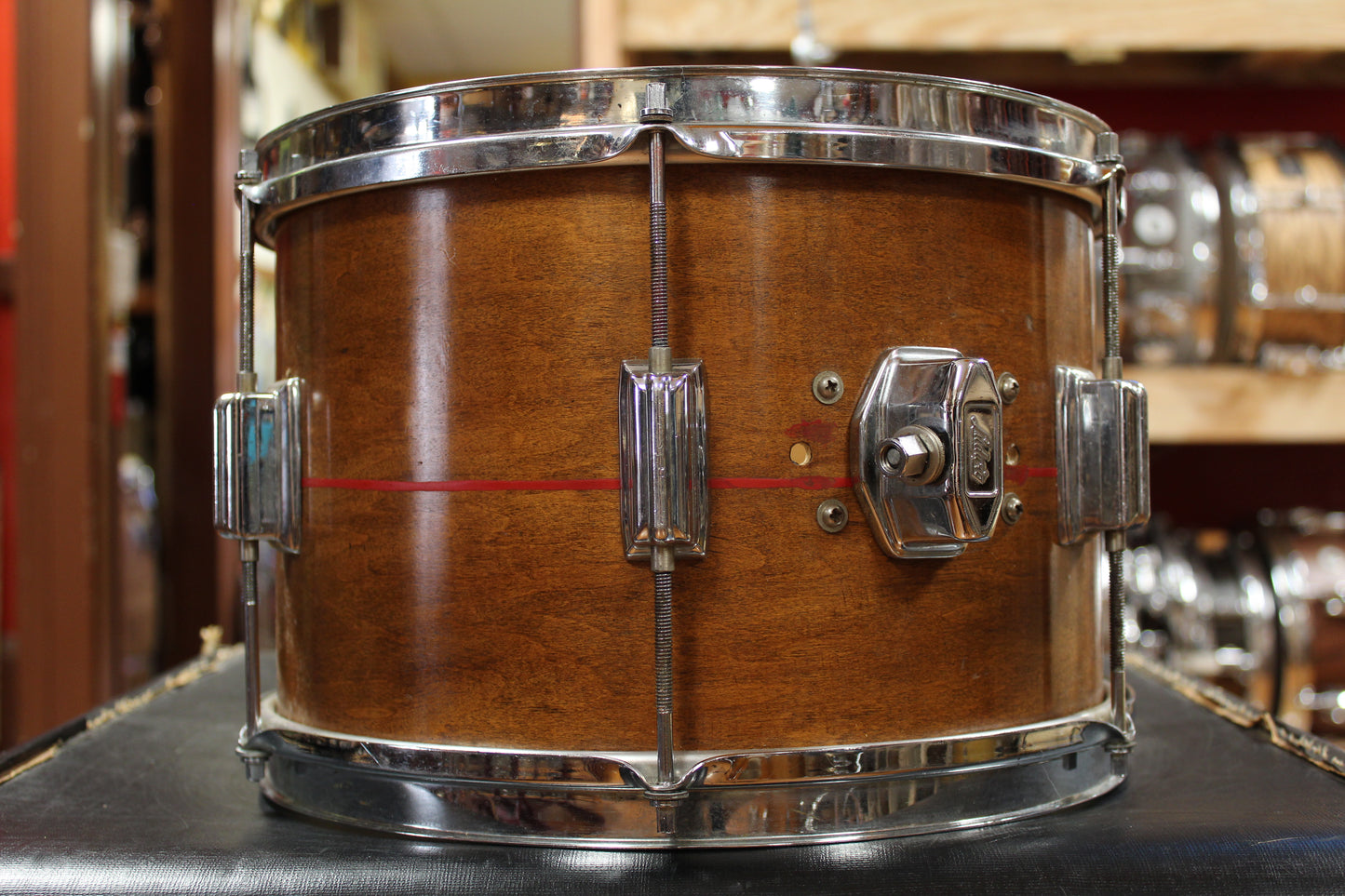 1960s Rogers 14x20 Tower Bass Drum & 8x12 Tom in Walnut Stain with Red Pinstripes