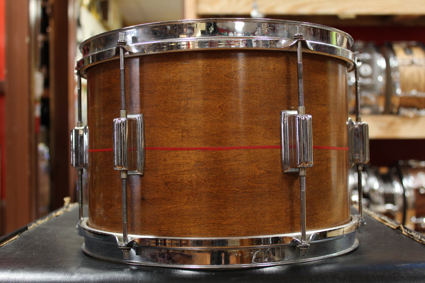 1960s Rogers 14x20 Tower Bass Drum & 8x12 Tom in Walnut Stain with Red Pinstripes