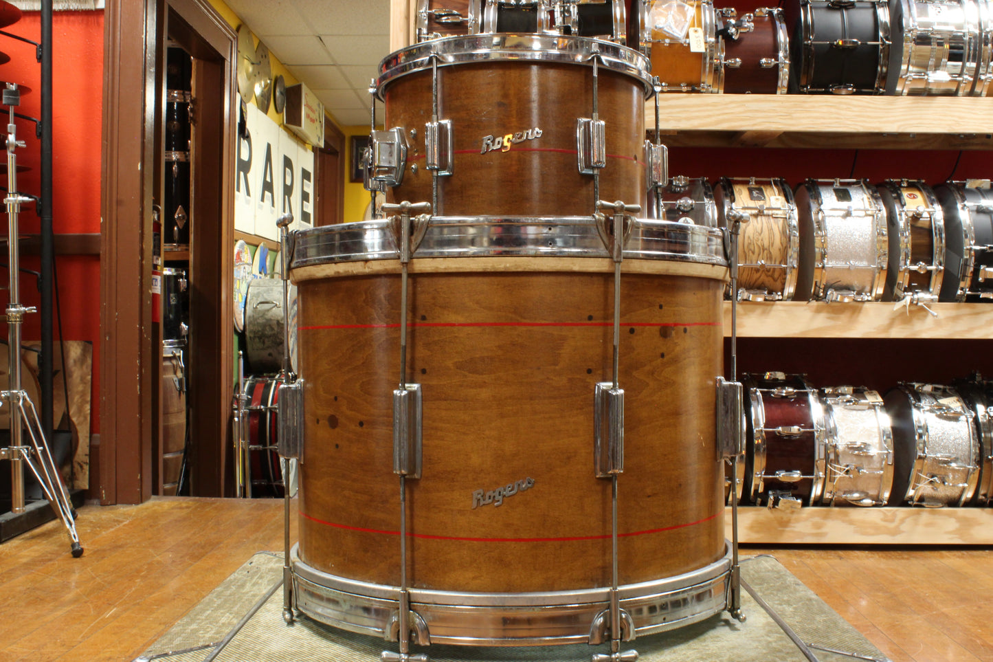 1960s Rogers 14x20 Tower Bass Drum & 8x12 Tom in Walnut Stain with Red Pinstripes