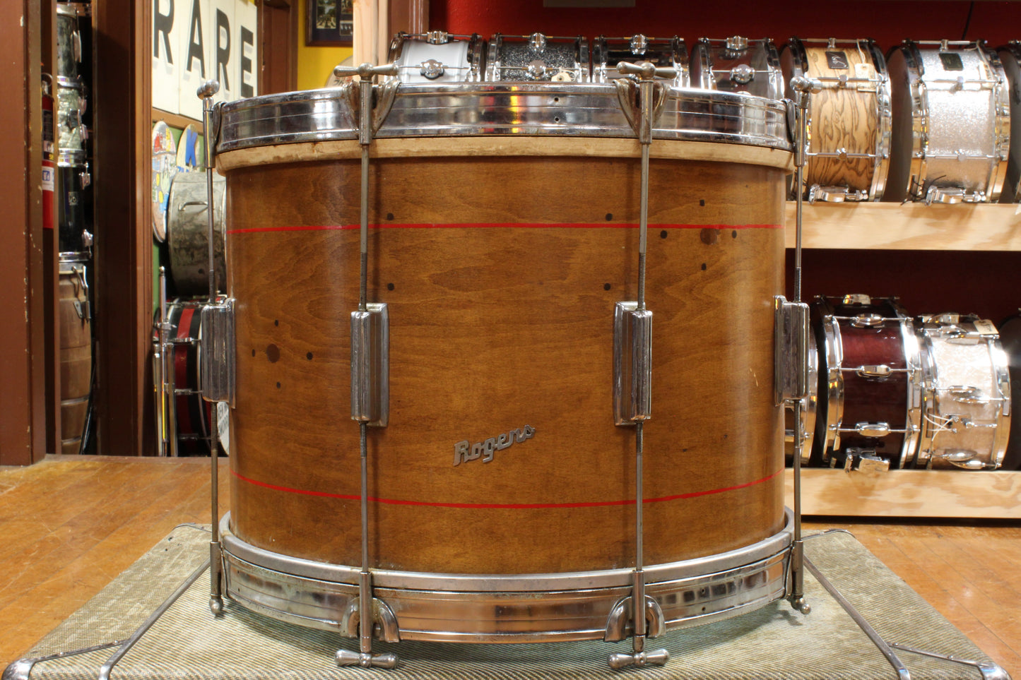 1960s Rogers 14x20 Tower Bass Drum & 8x12 Tom in Walnut Stain with Red Pinstripes