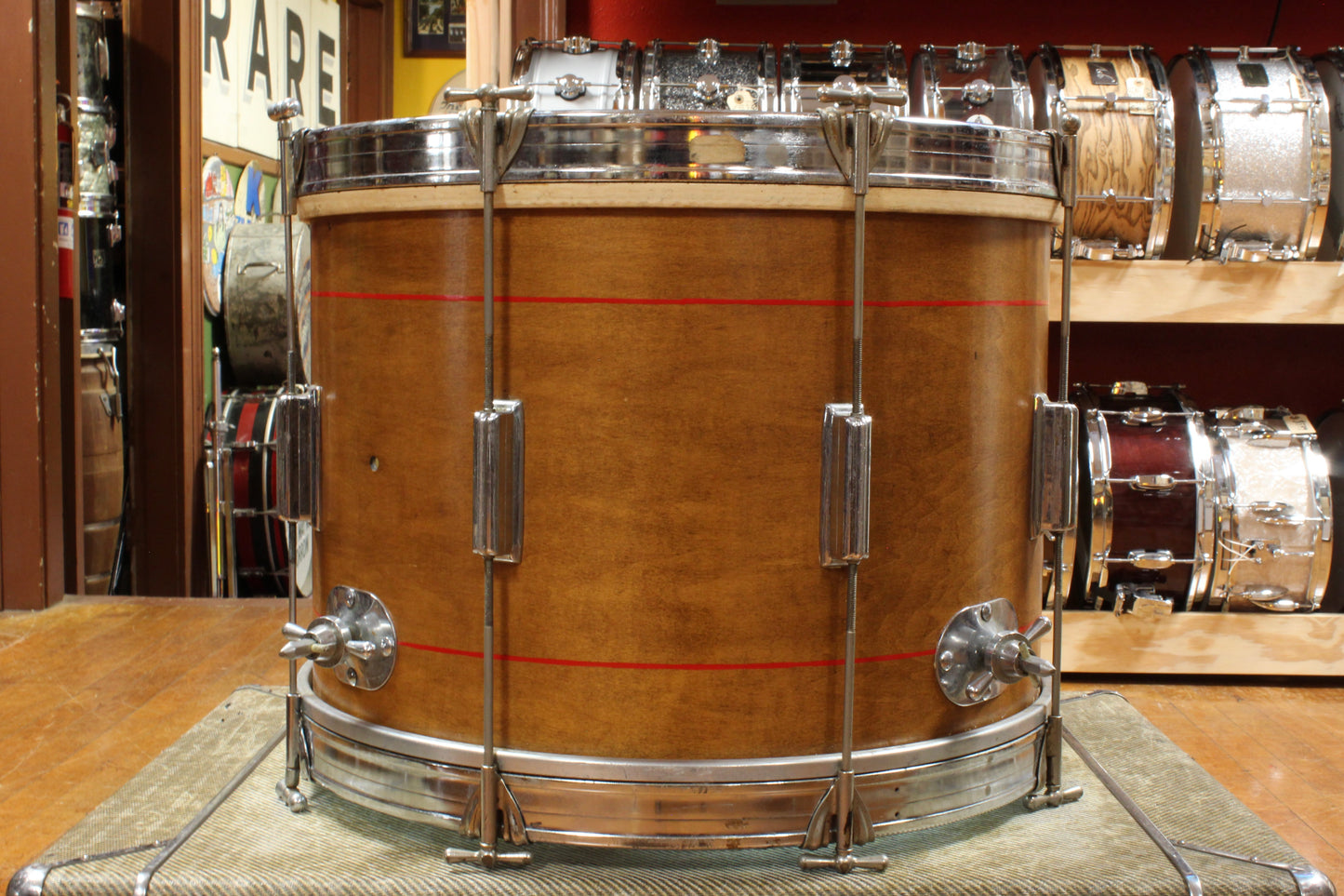 1960s Rogers 14x20 Tower Bass Drum & 8x12 Tom in Walnut Stain with Red Pinstripes