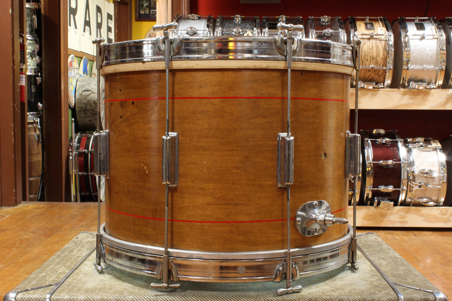1960s Rogers 14x20 Tower Bass Drum in Walnut Stain with Red Pinstripes
