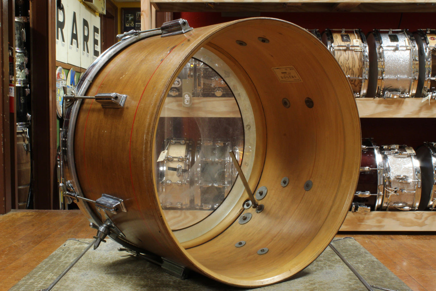 1960s Rogers 14x20 Tower Bass Drum & 8x12 Tom in Walnut Stain with Red Pinstripes