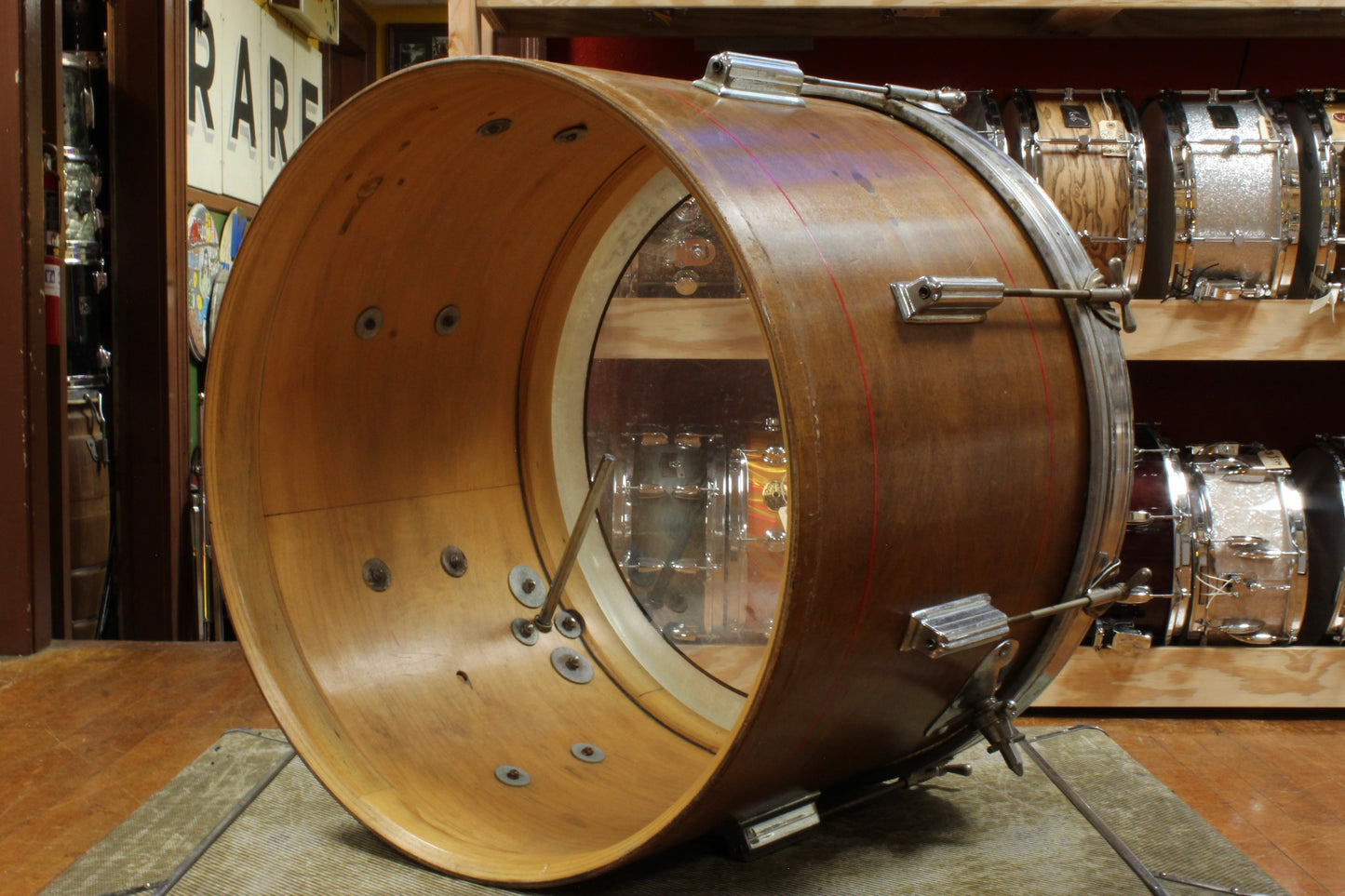 1960s Rogers 14x20 Tower Bass Drum & 8x12 Tom in Walnut Stain with Red Pinstripes