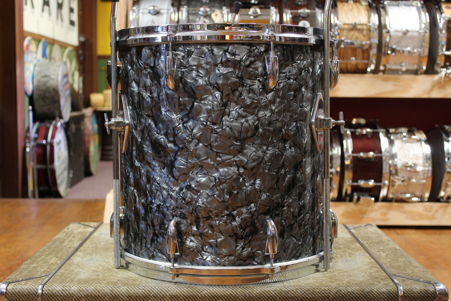 1970s Gretsch 16x16 Stop Sign Badge Floor Tom in Black Diamond Pearl