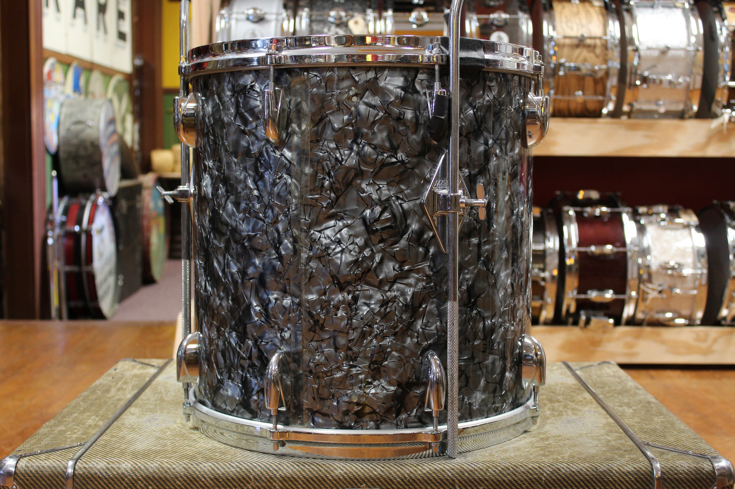 1970s Gretsch 16x16 Stop Sign Badge Floor Tom in Black Diamond Pearl