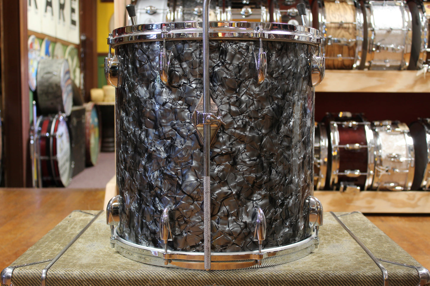 1970s Gretsch 16x16 Stop Sign Badge Floor Tom in Black Diamond Pearl
