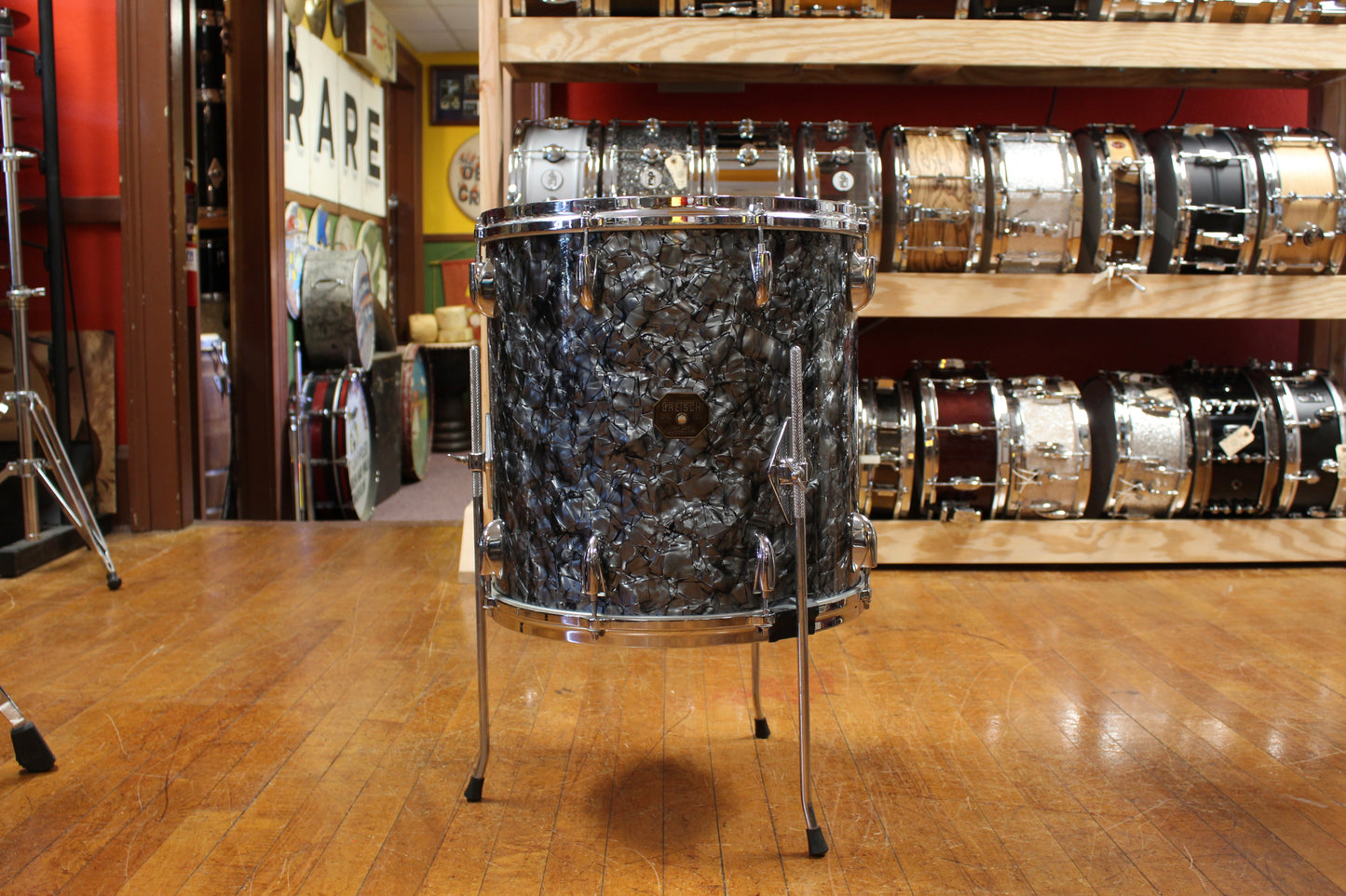 1970s Gretsch 16x16 Stop Sign Badge Floor Tom in Black Diamond Pearl