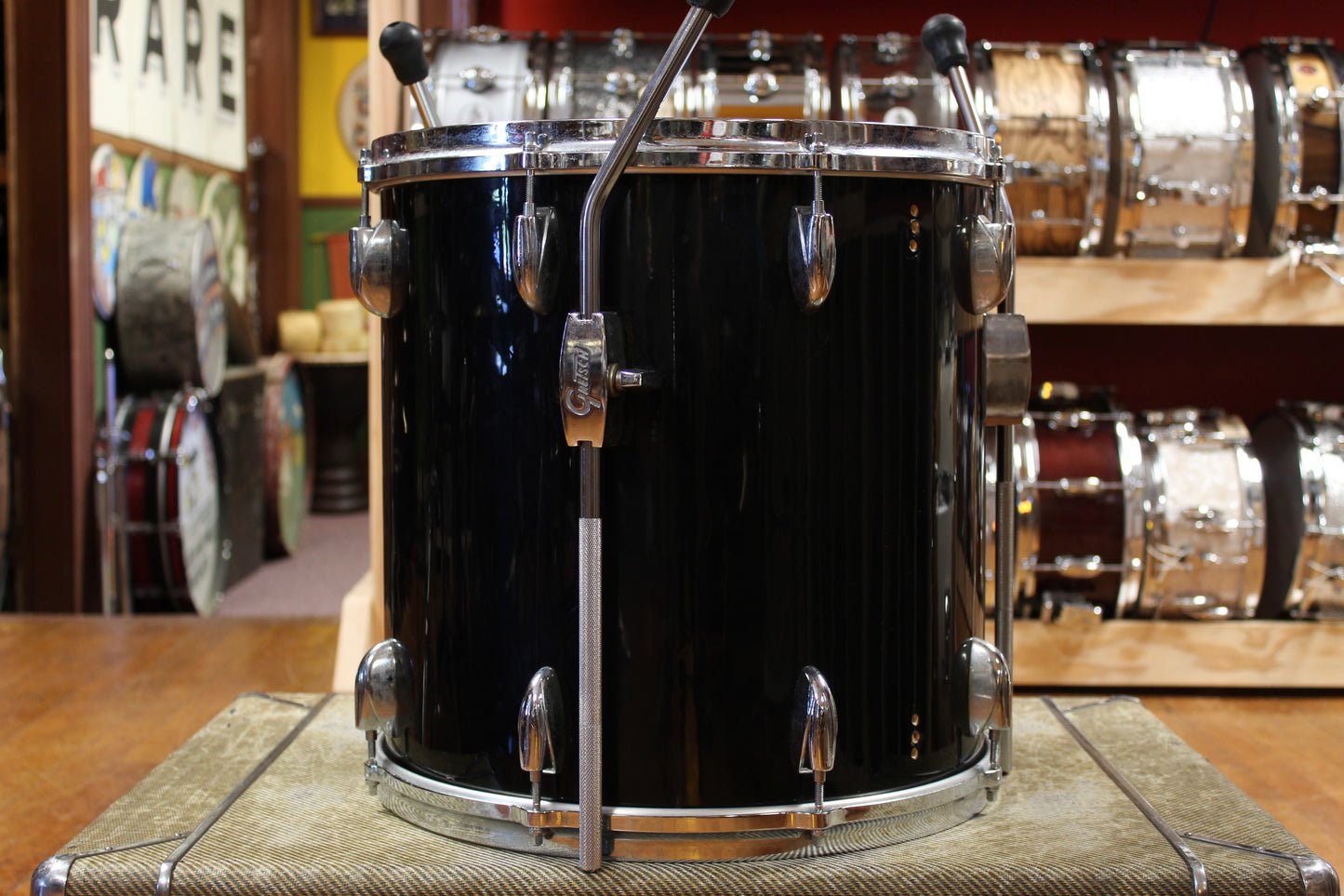 1980s Gretsch 16x16 Drop G Badge Floor Tom in Black Nitron