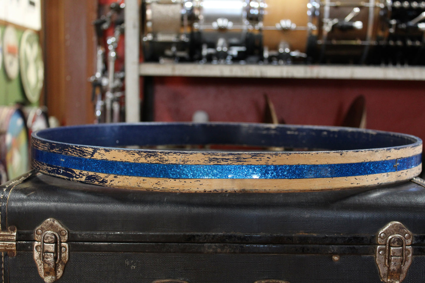 1960s Ludwig 20 Inch Wood Bass Drum Hoop with Original Blue Sparkle Inlay