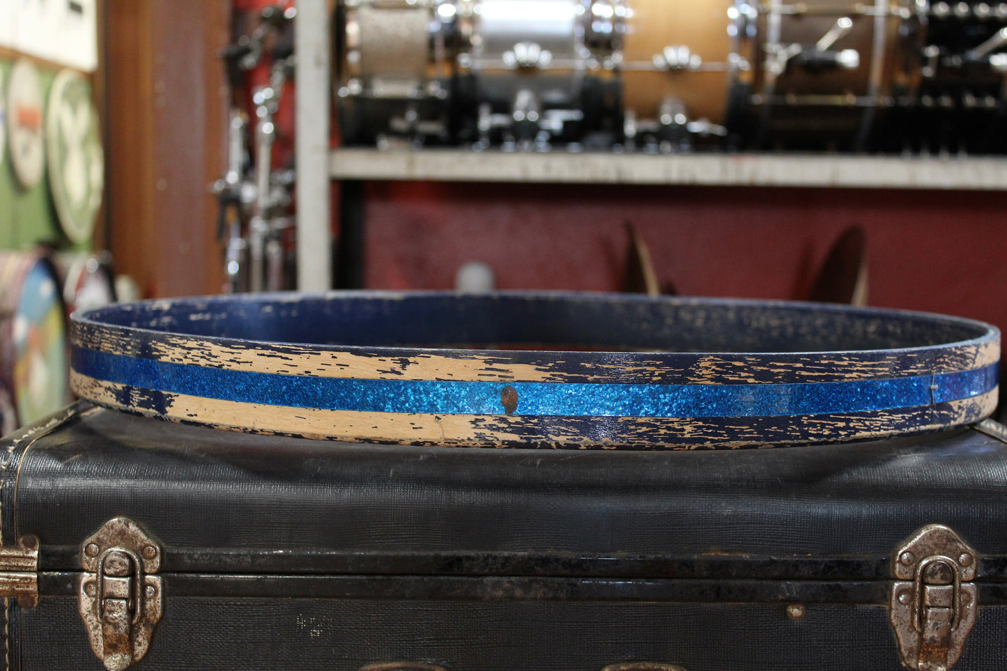 1960s Ludwig 20 Inch Wood Bass Drum Hoop with Original Blue Sparkle Inlay