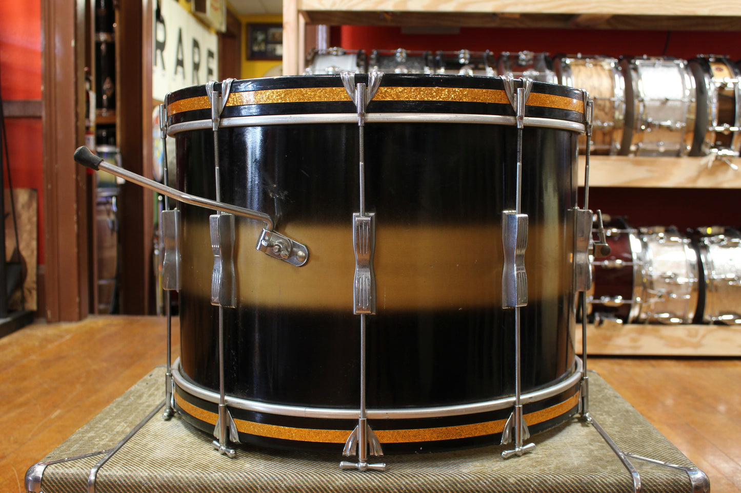 Late 1950s Ludwig 14x22 Transition Badge Bass Drum in Black and Gold Duco