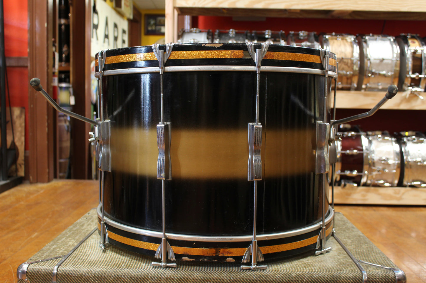 Late 1950s Ludwig 14x22 Transition Badge Bass Drum in Black and Gold Duco