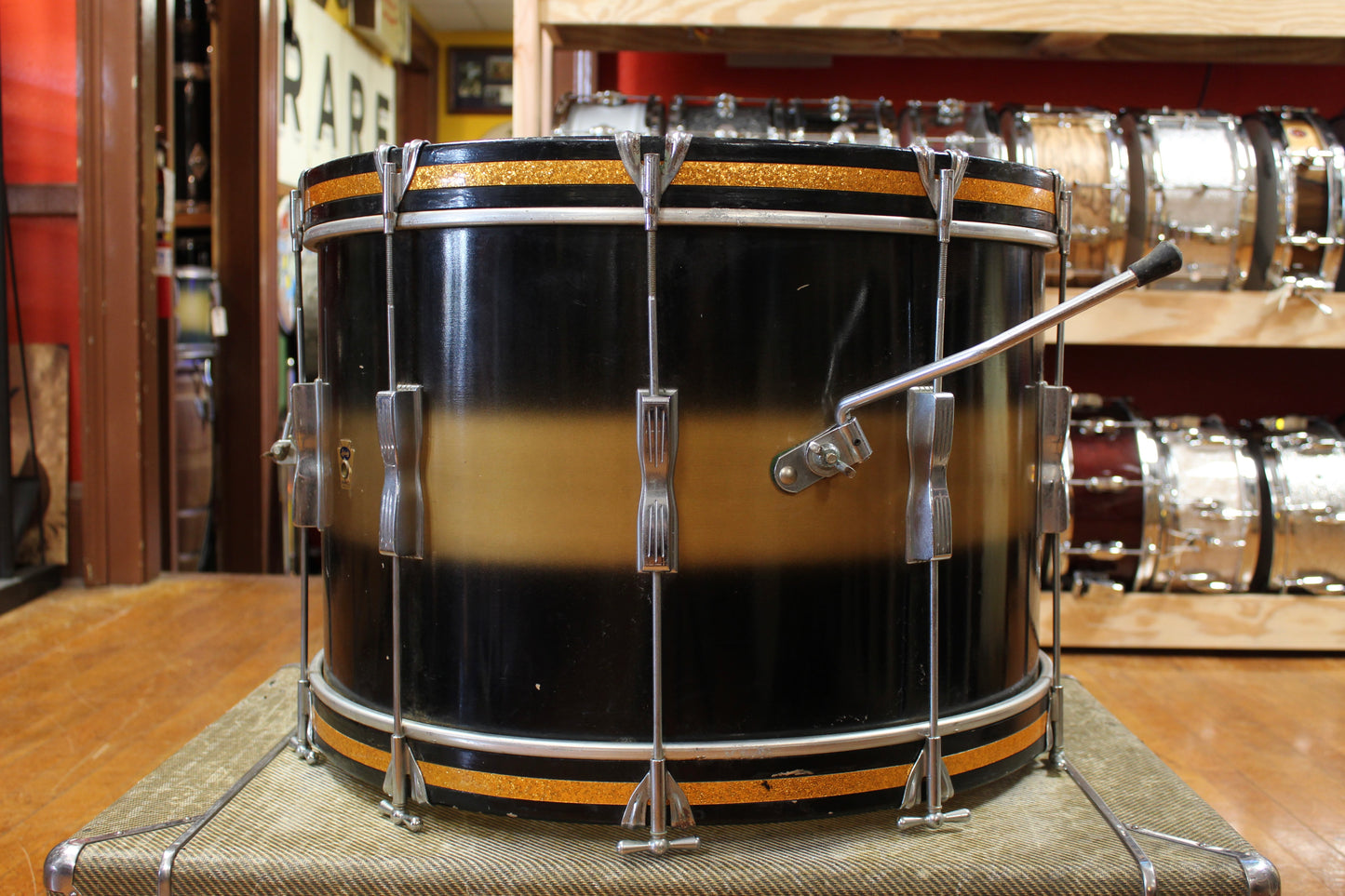 Late 1950s Ludwig 14x22 Transition Badge Bass Drum in Black and Gold Duco