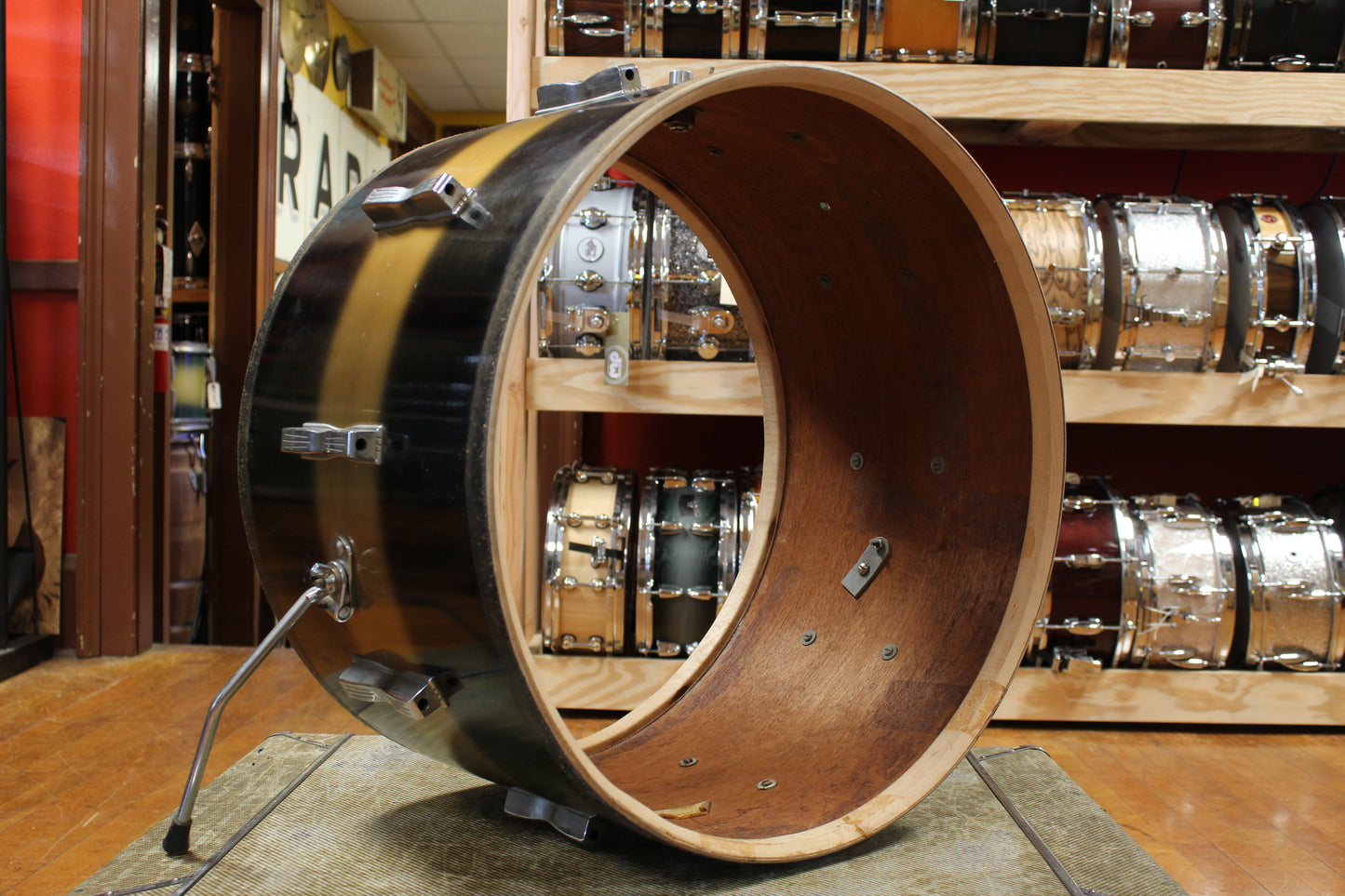 Late 1950s Ludwig 14x22 Transition Badge Bass Drum in Black and Gold Duco