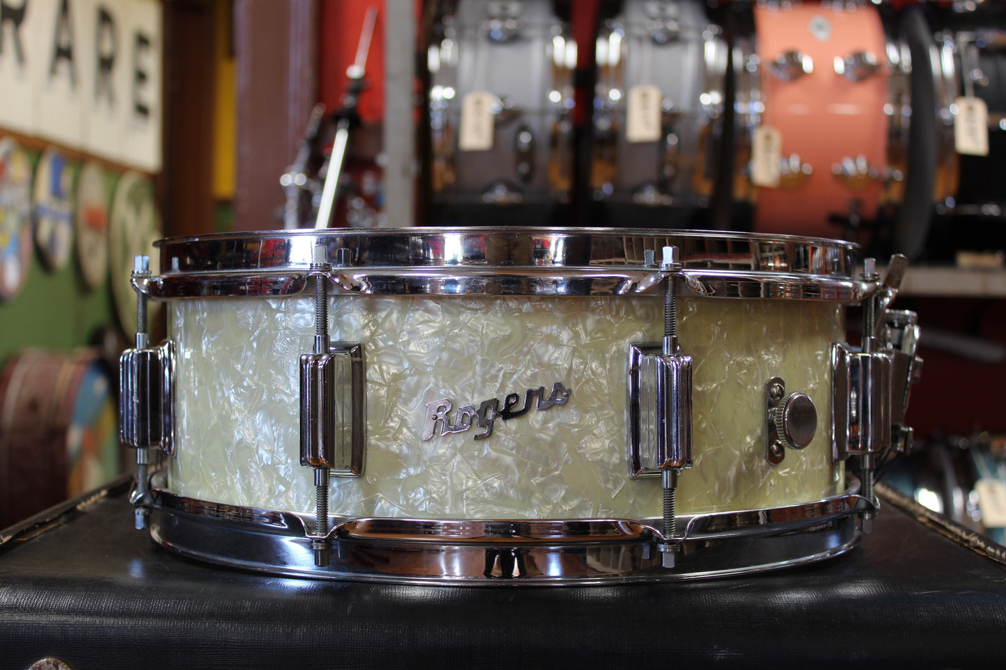 1960s Rogers 5x14 Powertone Snare Drum in White Marine Pearl
