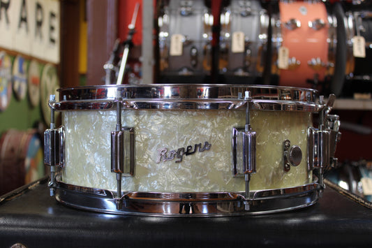1960s Rogers 5x14 Powertone Snare Drum in White Marine Pearl
