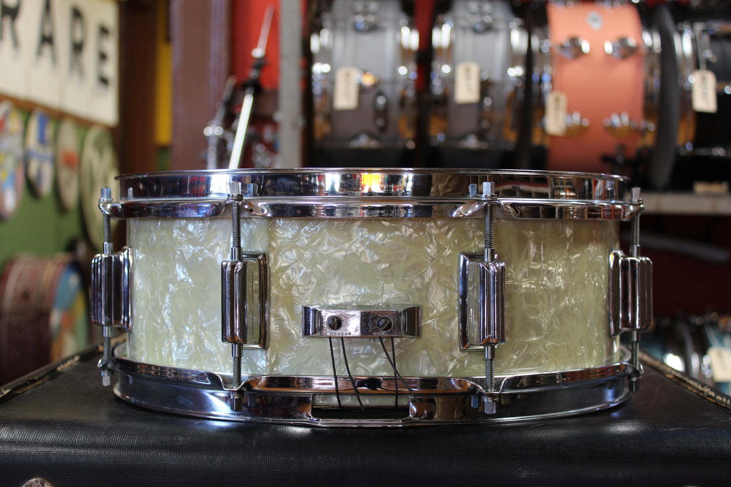 1960s Rogers 5x14 Powertone Snare Drum in White Marine Pearl