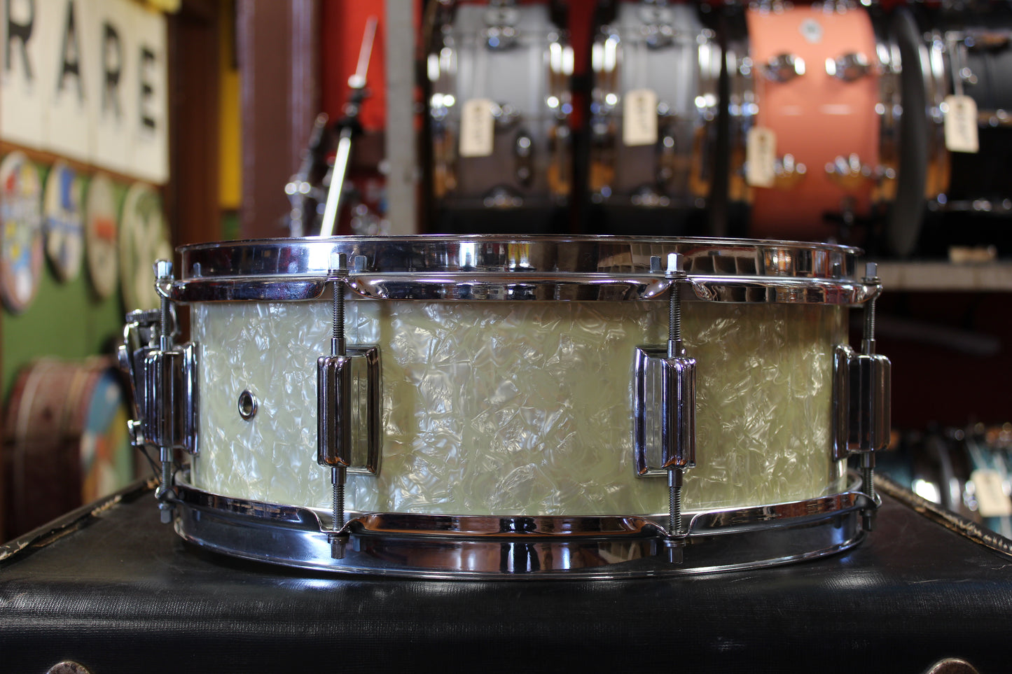 1960s Rogers 5x14 Powertone Snare Drum in White Marine Pearl
