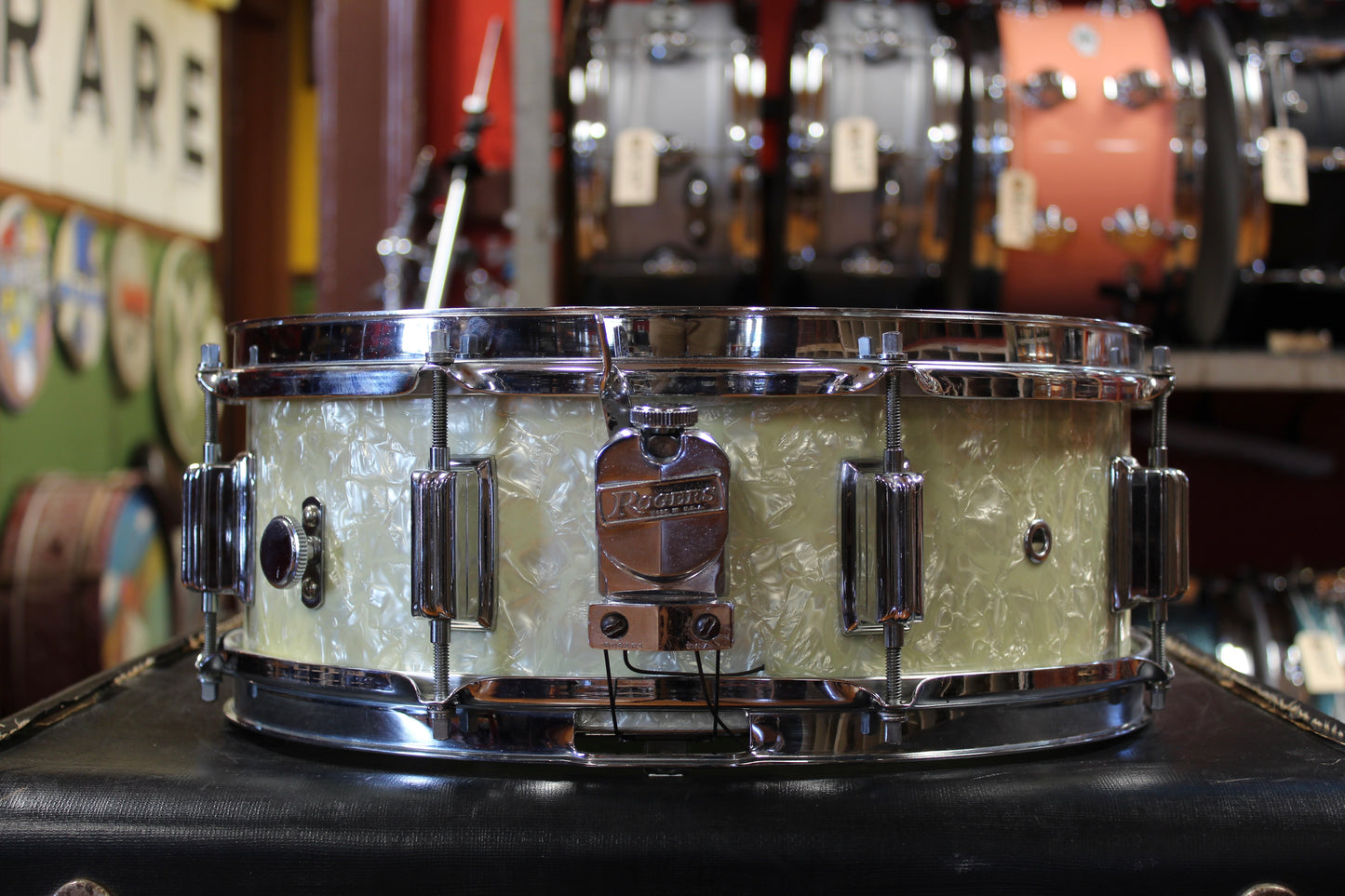 1960s Rogers 5x14 Powertone Snare Drum in White Marine Pearl