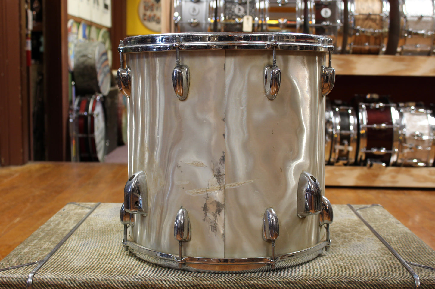 1960s Slingerland 14x14 Floor Tom in White Satin Flame Pearl