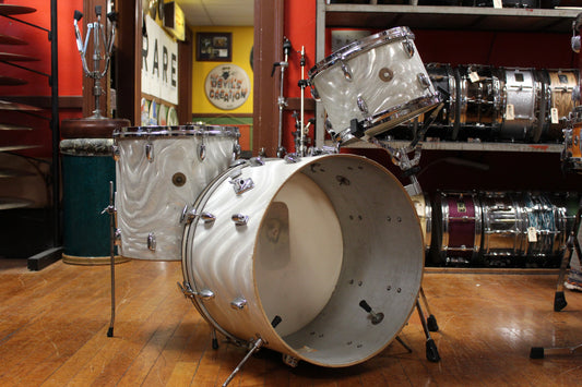 1960s Gretsch Progressive Jazz Outfit in White Satin Flame 14x20 8x12 14x14