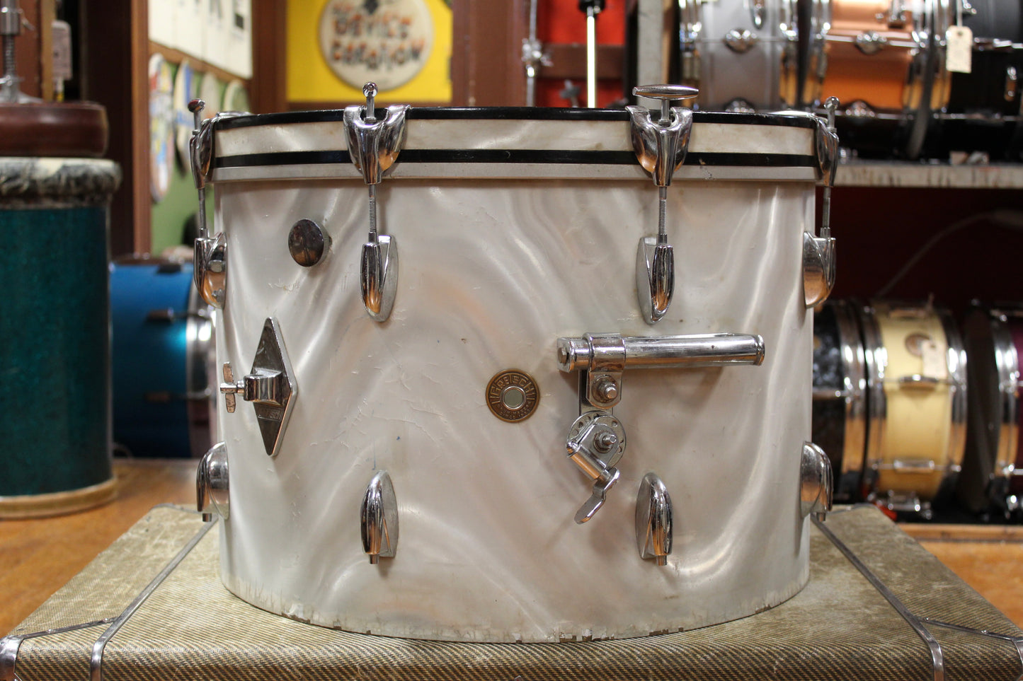 1960s Gretsch Progressive Jazz Outfit in White Satin Flame 14x20 8x12 14x14