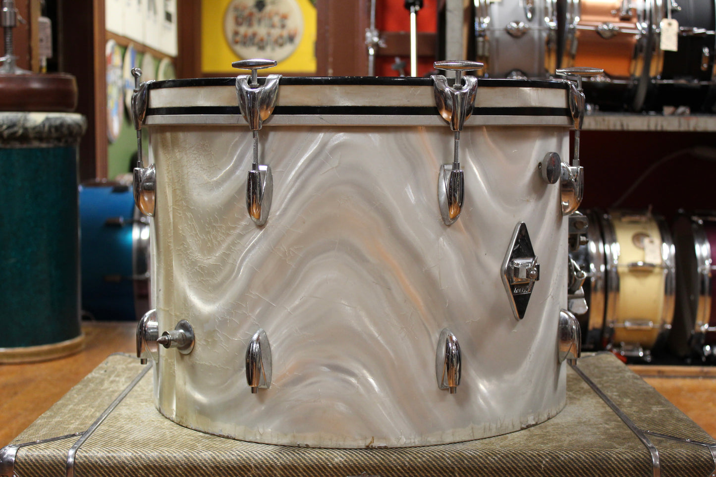 1960s Gretsch Progressive Jazz Outfit in White Satin Flame 14x20 8x12 14x14