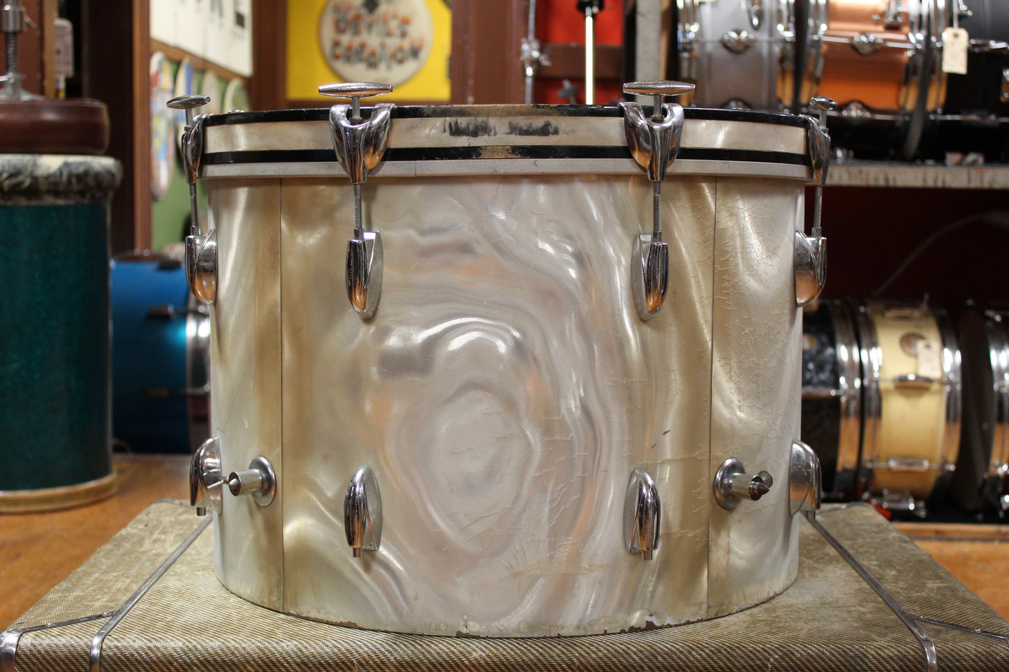 1960s Gretsch Progressive Jazz Outfit in White Satin Flame 14x20 8x12 14x14