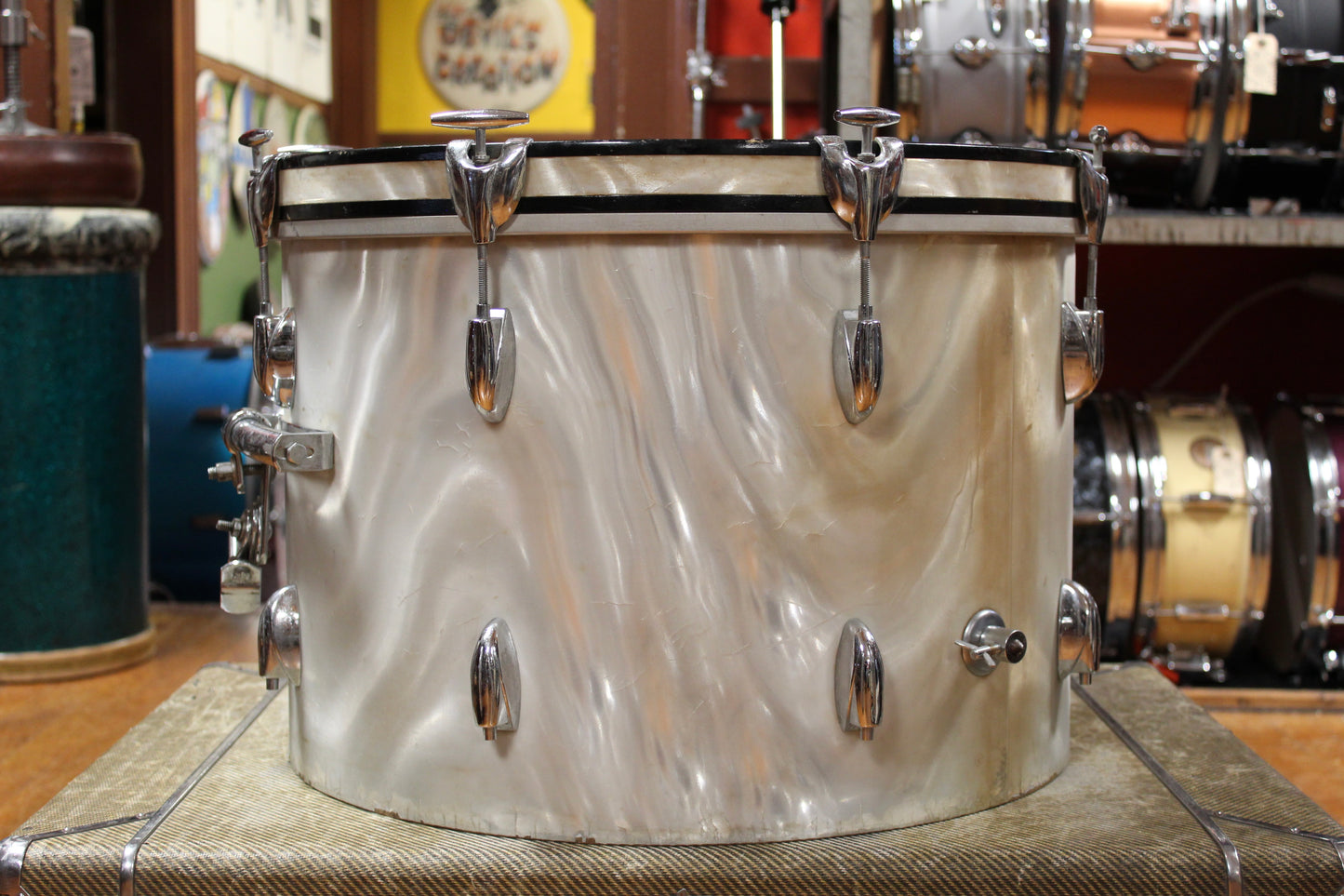 1960s Gretsch Progressive Jazz Outfit in White Satin Flame 14x20 8x12 14x14