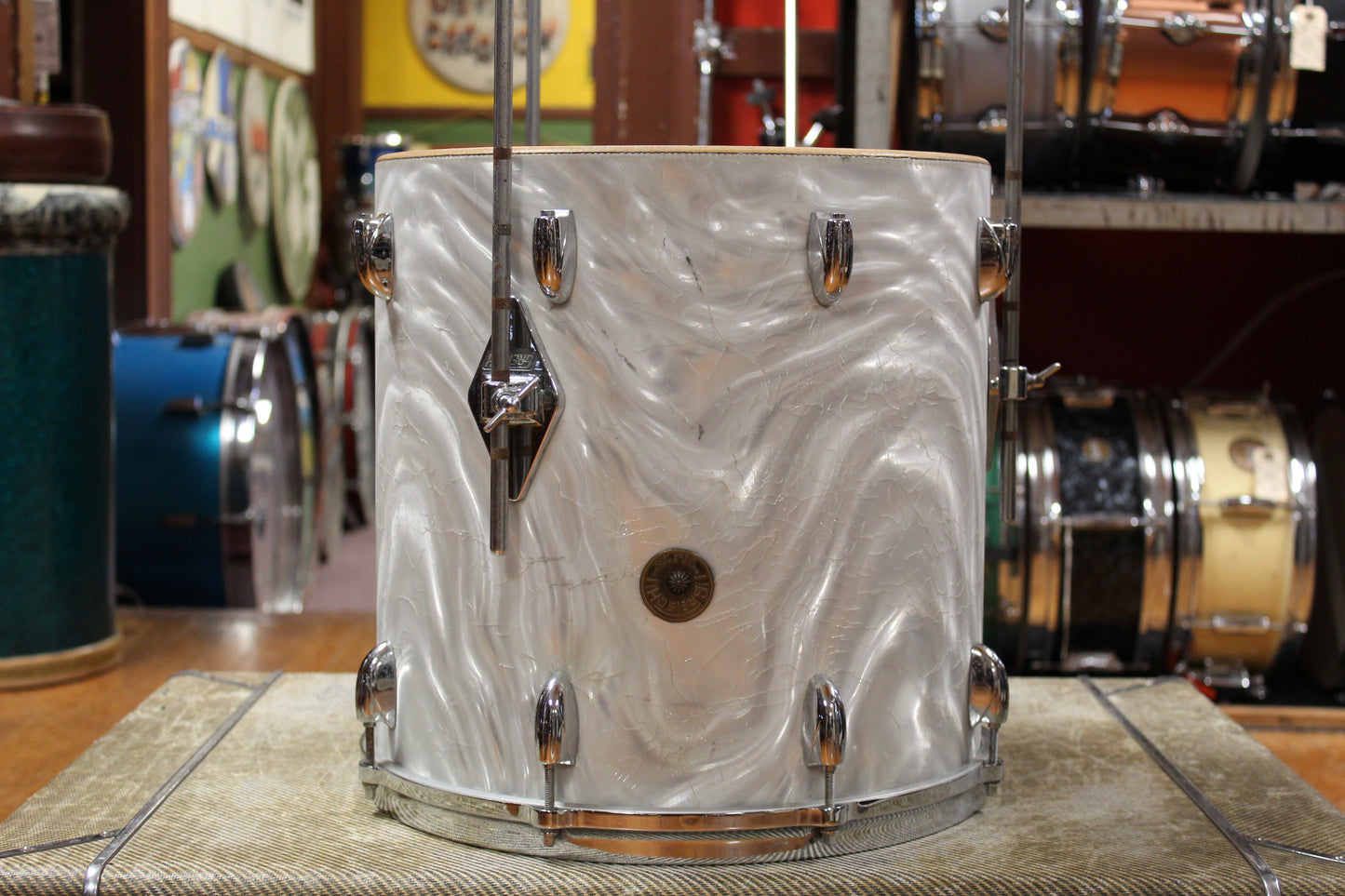 1960s Gretsch Progressive Jazz Outfit in White Satin Flame 14x20 8x12 14x14
