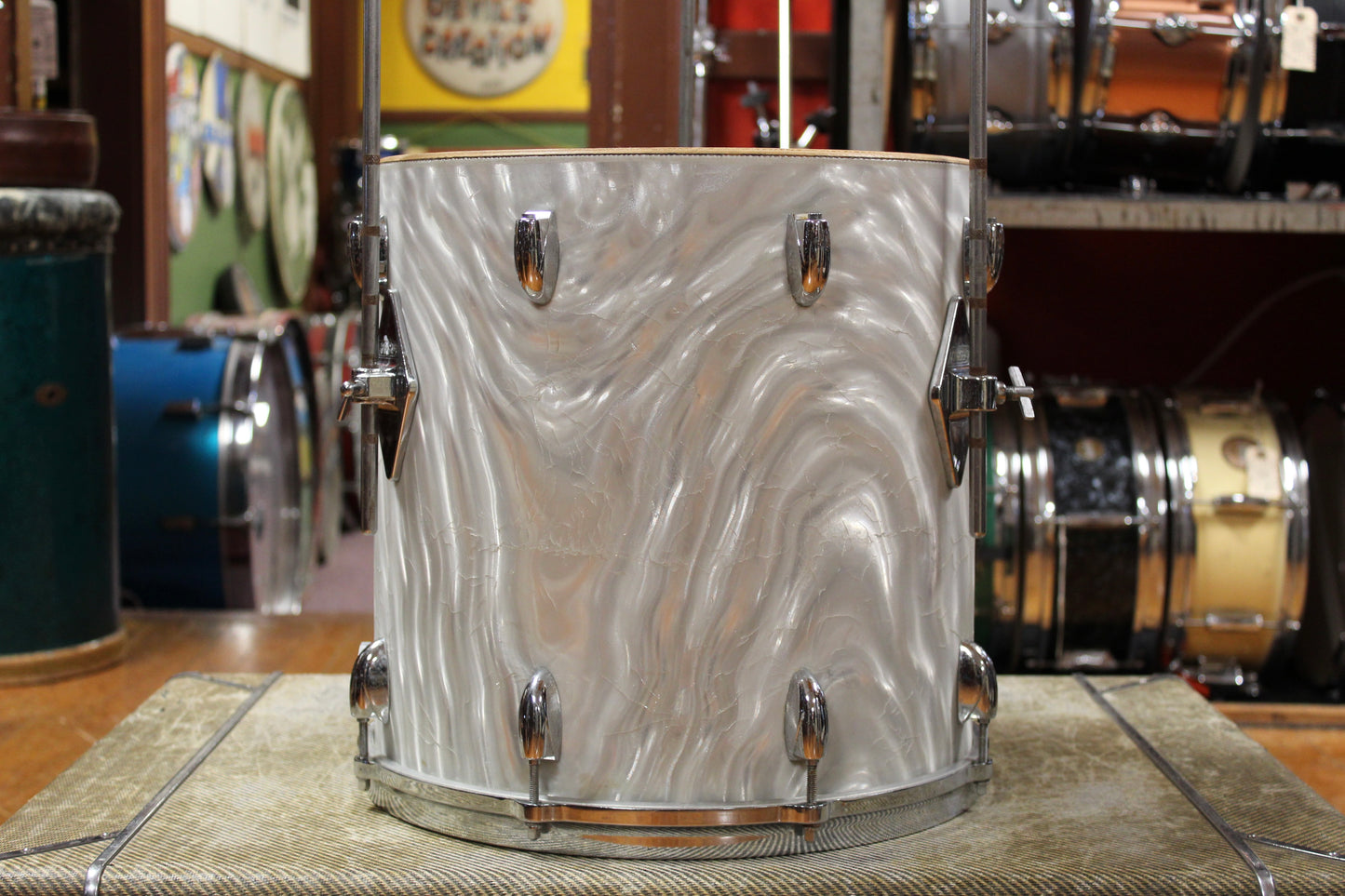 1960s Gretsch Progressive Jazz Outfit in White Satin Flame 14x20 8x12 14x14