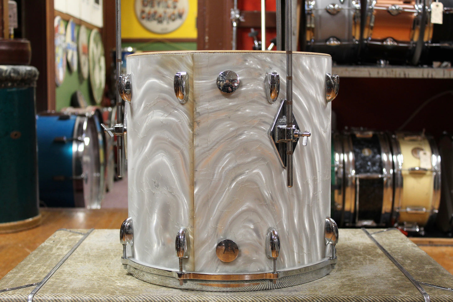 1960s Gretsch Progressive Jazz Outfit in White Satin Flame 14x20 8x12 14x14