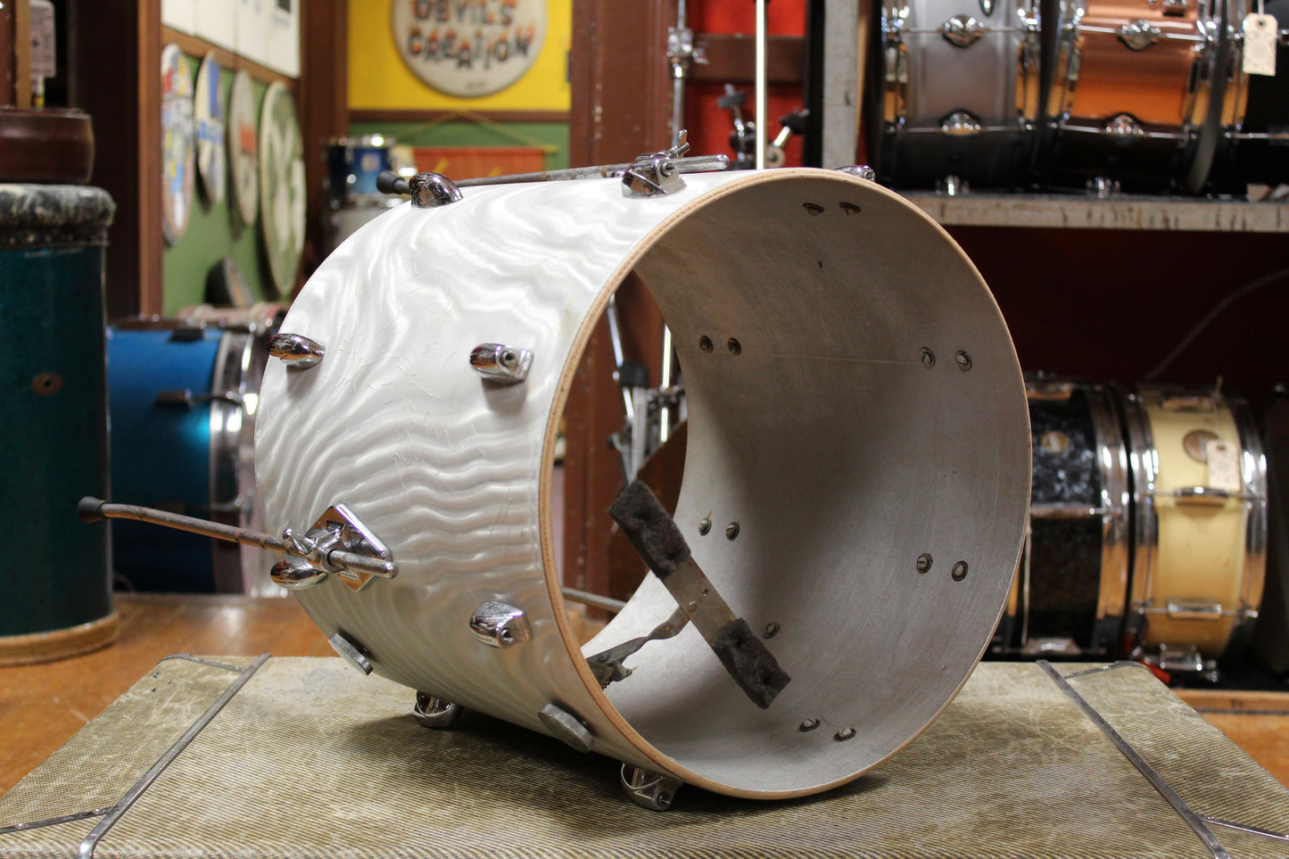 1960s Gretsch Progressive Jazz Outfit in White Satin Flame 14x20 8x12 14x14