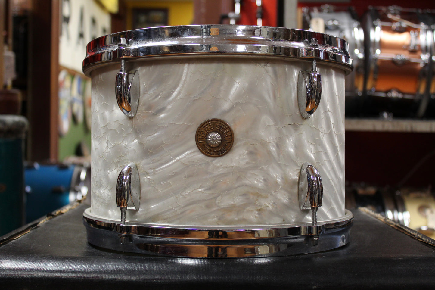 1960s Gretsch Progressive Jazz Outfit in White Satin Flame 14x20 8x12 14x14