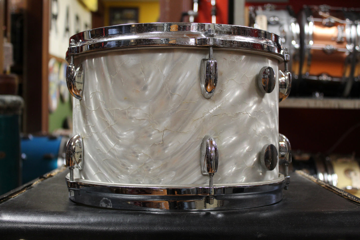1960s Gretsch Progressive Jazz Outfit in White Satin Flame 14x20 8x12 14x14