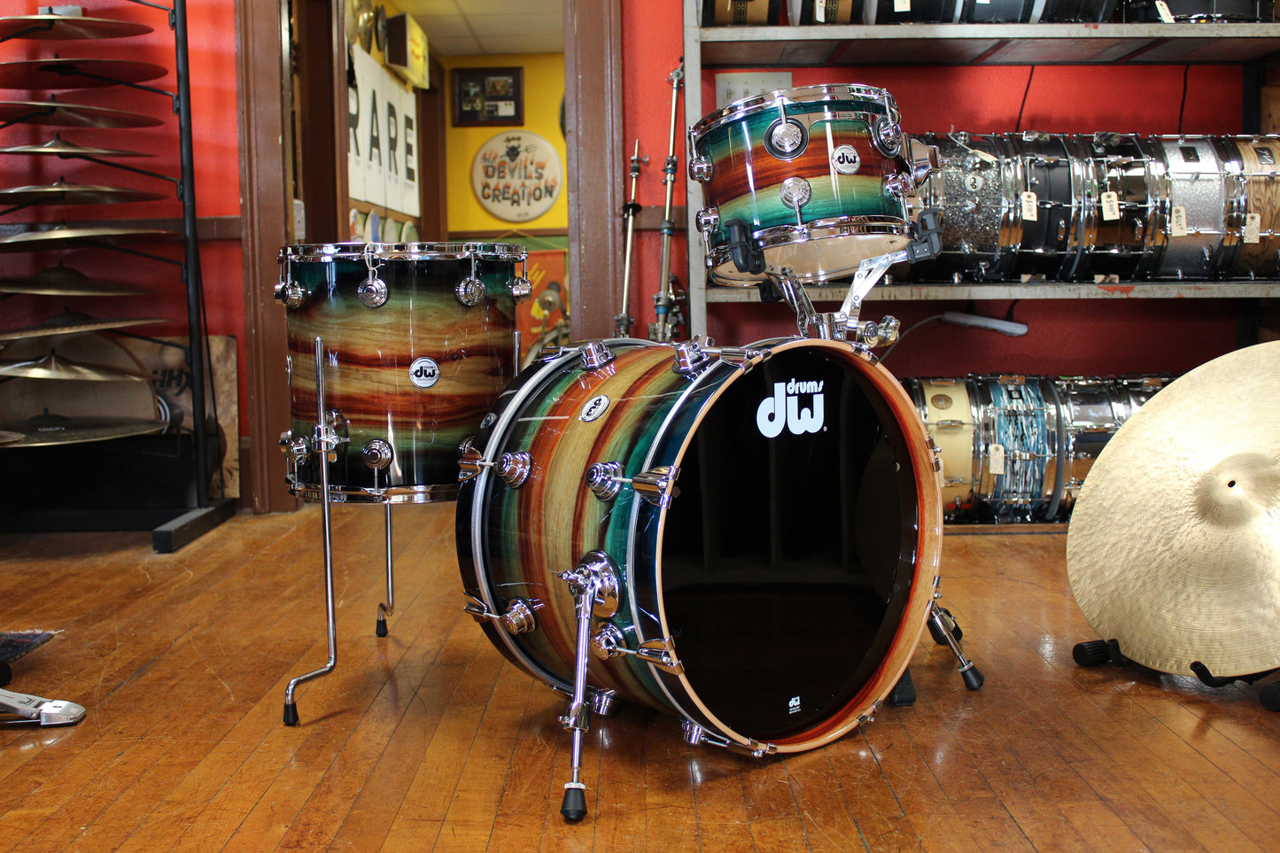 DW Collector's Series SonicPly 14"x20 14"x14" 8"x12" Natural to Quick Royal Blue Burst over Horizontal Padauk