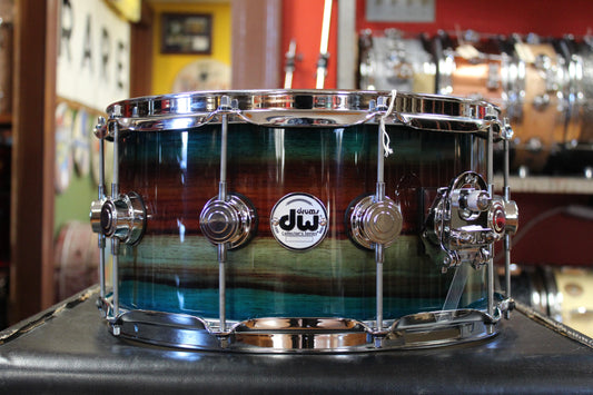 DW Collector's Series SonicPly Snare Drum 7"x14" Natural to Quick Royal Blue Burst over Horizontal Padauk