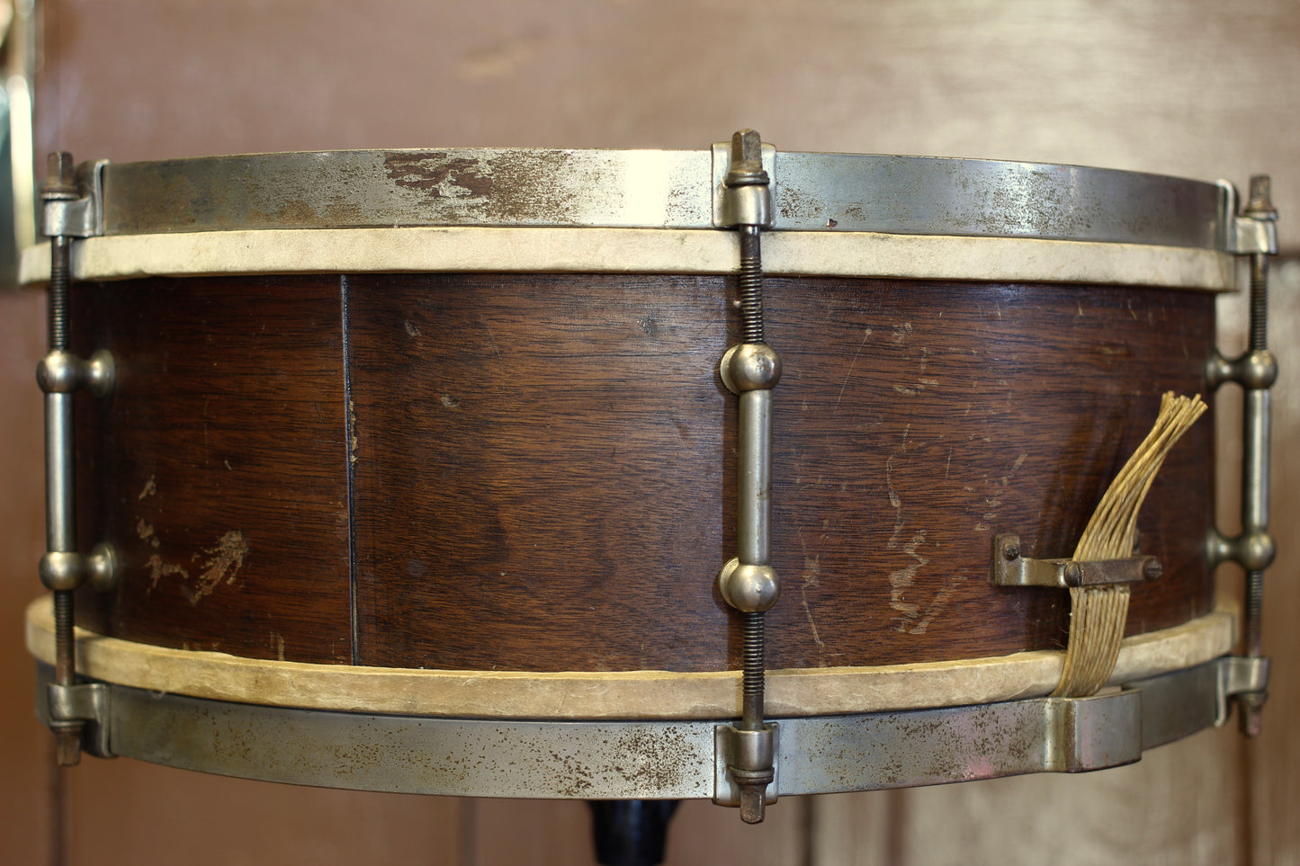 1920's Ludwig 5"x14" 'Wood Shell Separate Tension' Snare Drum in Natural Mahogany