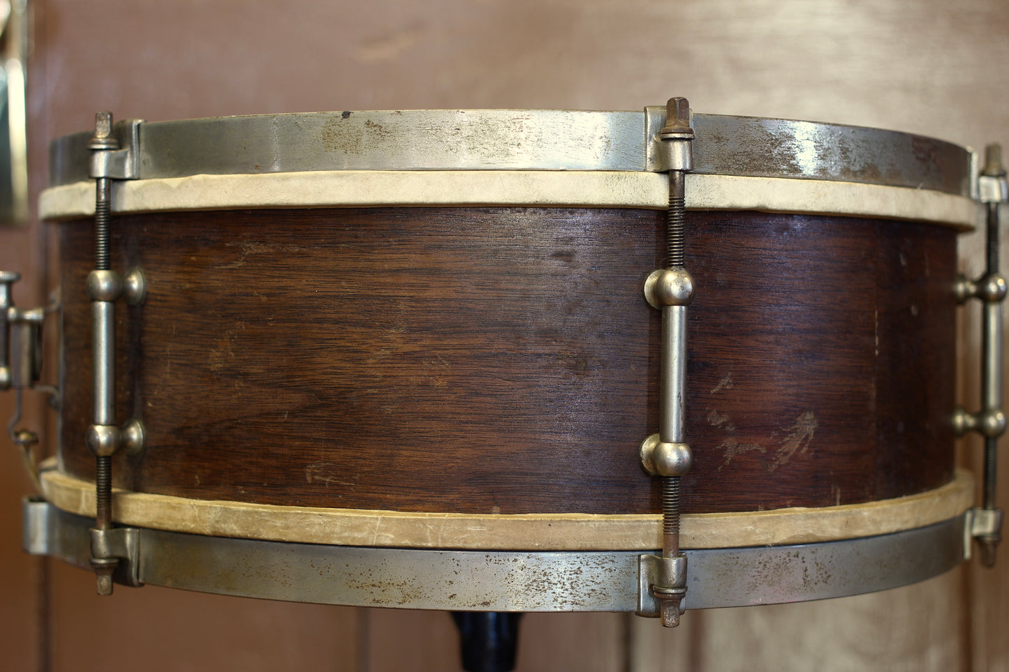 1920's Ludwig 5"x14" 'Wood Shell Separate Tension' Snare Drum in Natural Mahogany