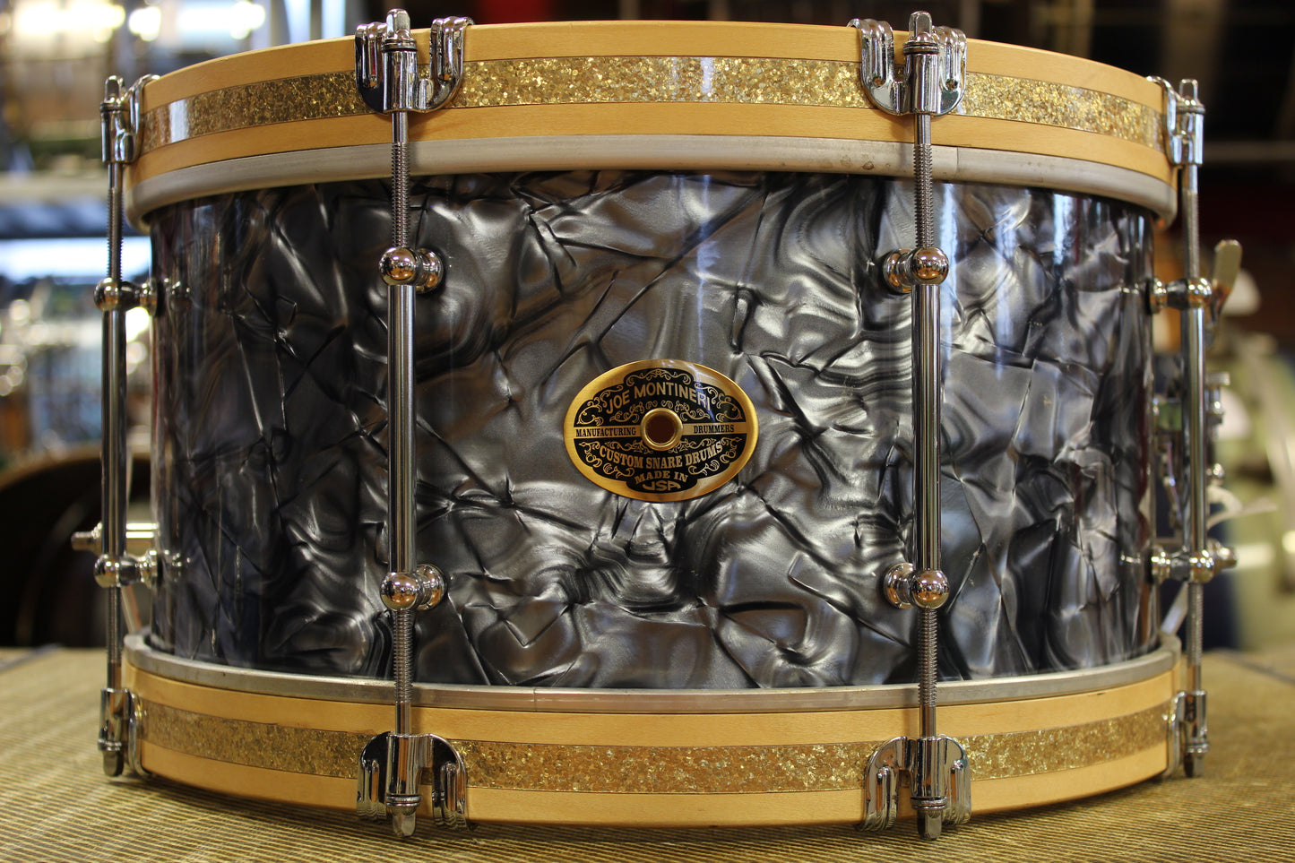 Joe Montineri Custom Drums 7"x14" Vintage Mahogany in Black Diamond Pearl