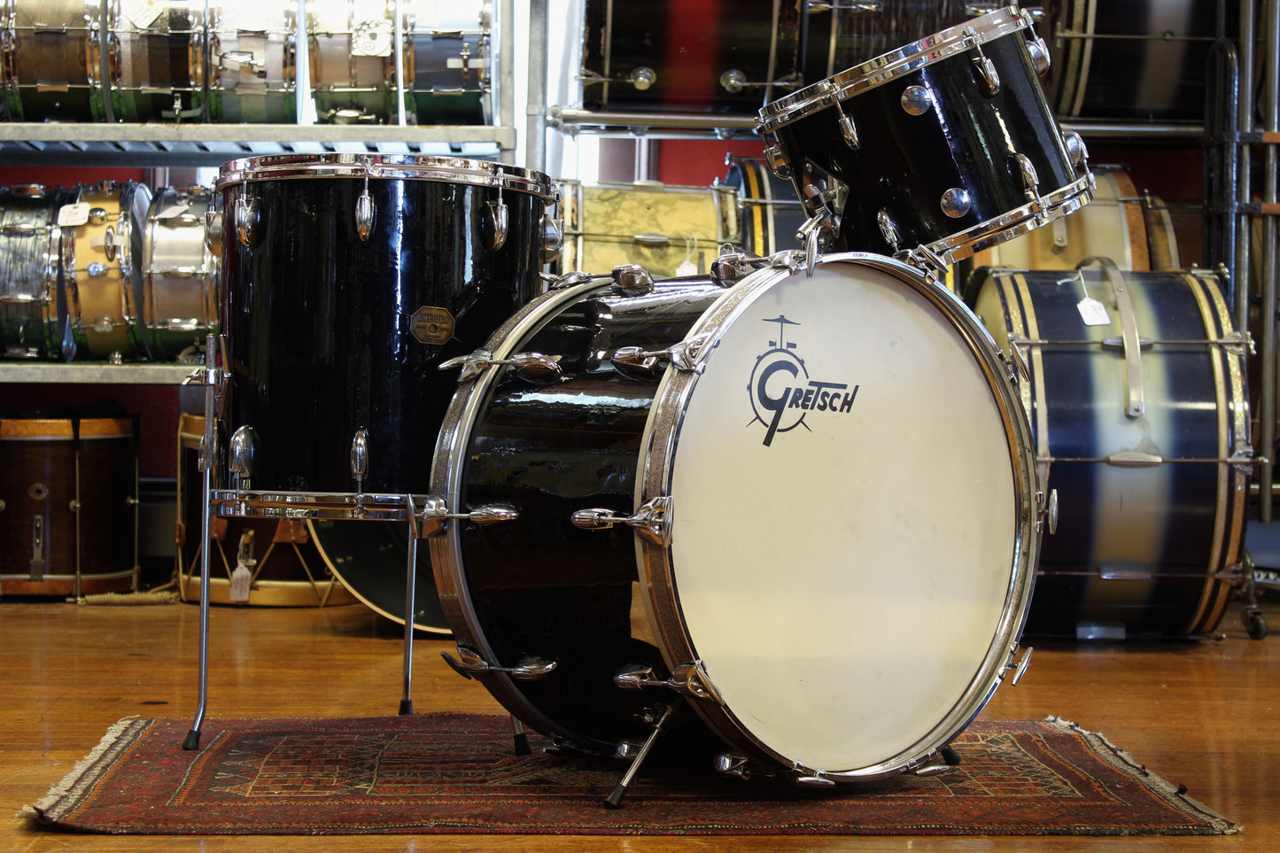 1970's Gretsch Name Band Outfit in Jet Black Nitron 14x22 16x16 9x13