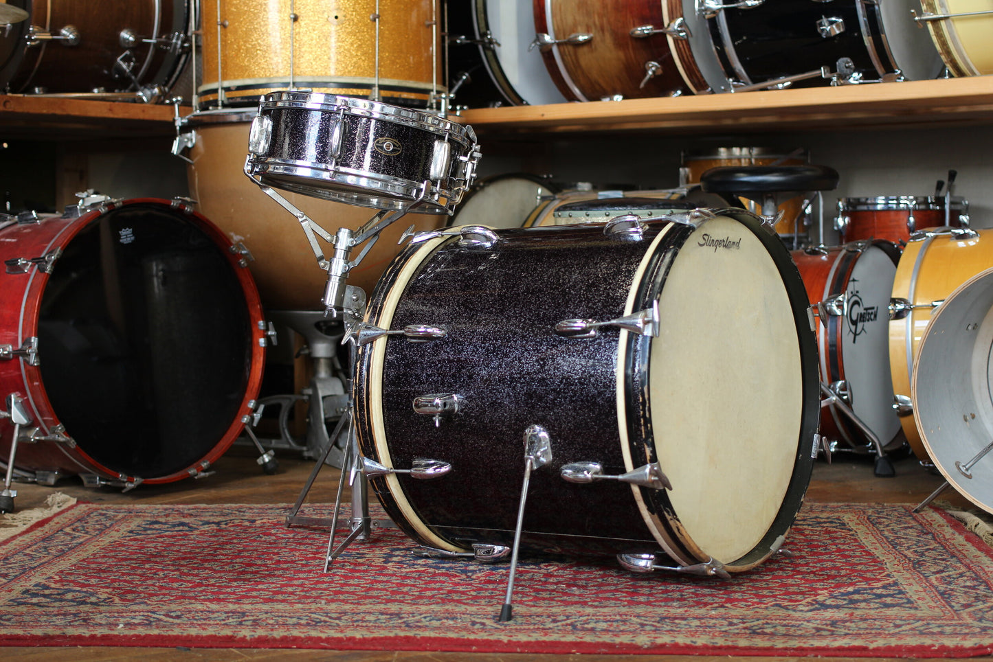 1950's Slingerland 'Be-Bop' Outfit in Black Sparkle Pearl 18"x20" 4"x13"
