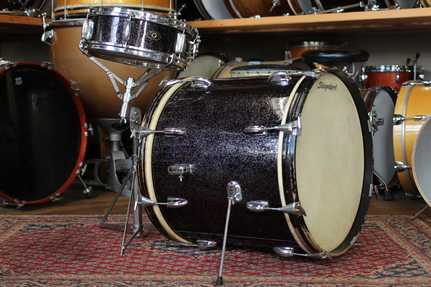 1950's Slingerland 'Be-Bop' Outfit in Black Sparkle Pearl 18"x20" 4"x13"
