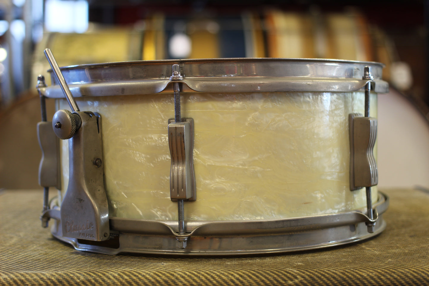 1950's WFL 'Porto-Pak' 5.5"x13" Snare Drum in White Marine Pearl