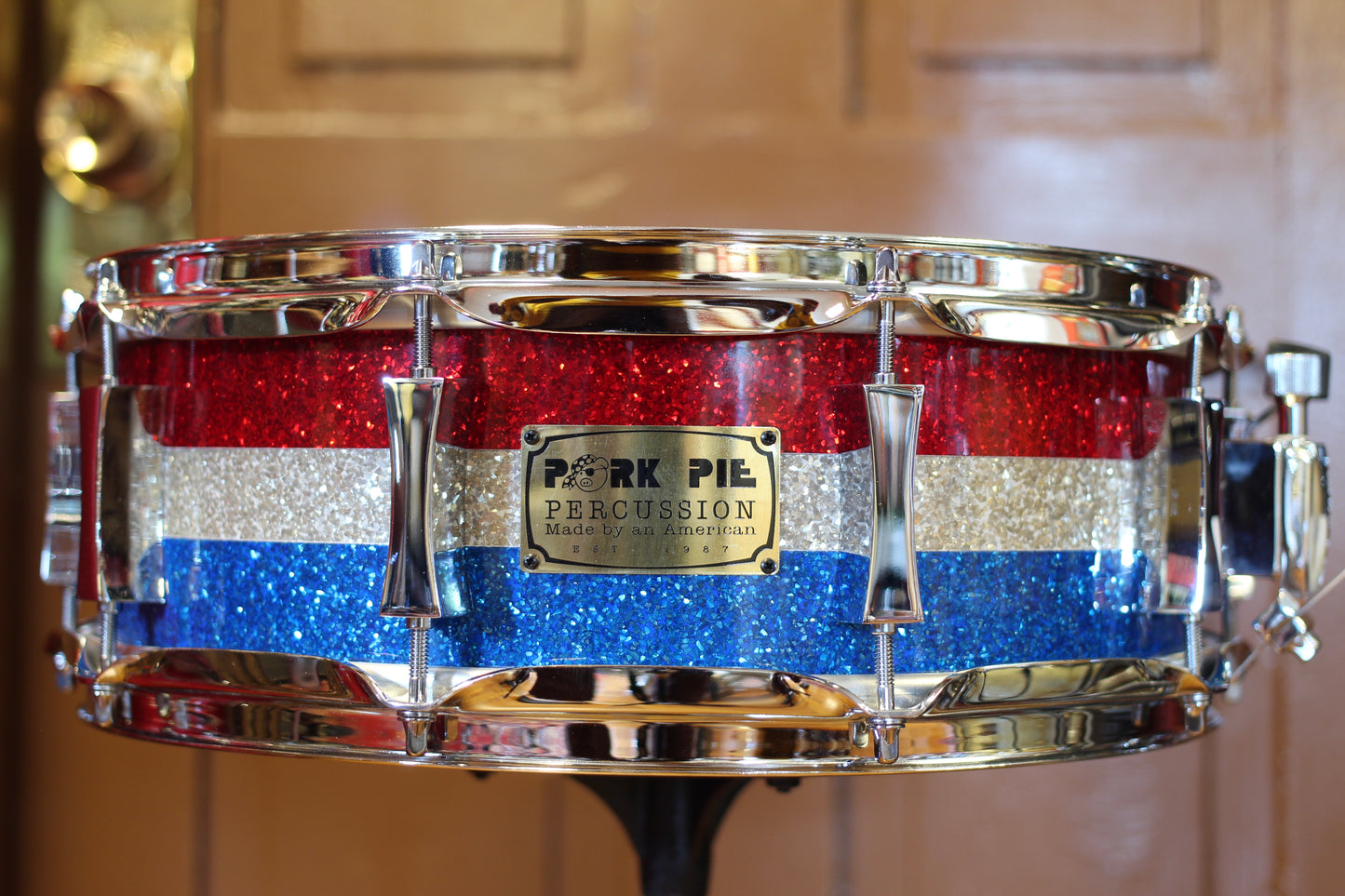2022 Pork Pie Percussion Snare Drum 5"x14" in Red Silver Blue Banded Pearl